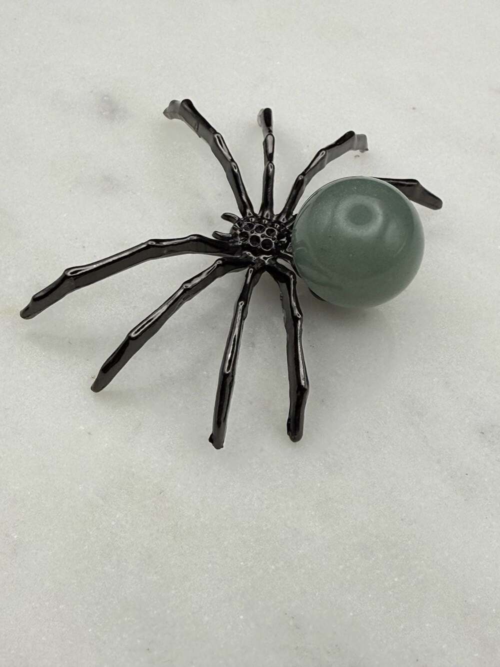 Green Aventurine Crystal Sphere Gun Metal Gray Small Spider Figurine - Picture 2 of 4